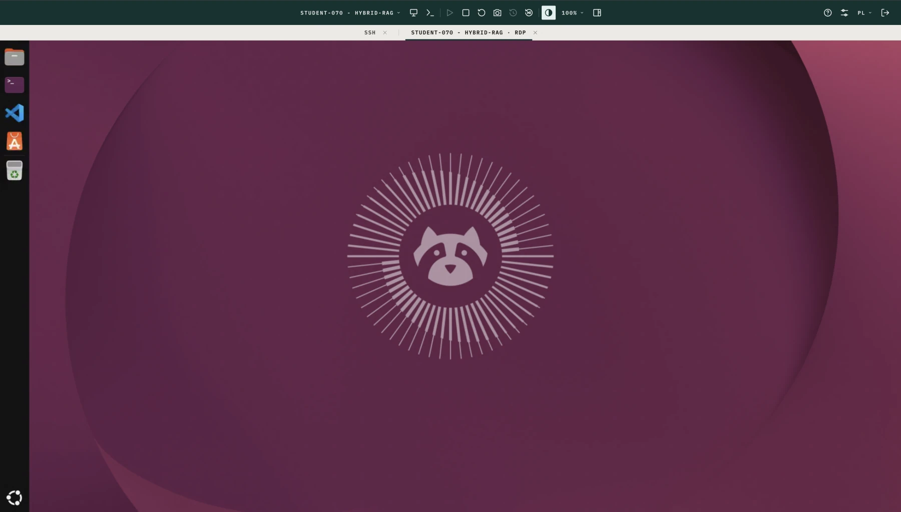 Widok portalu z otwartym zdalnym pulpitem Linux oraz kartami sesji.